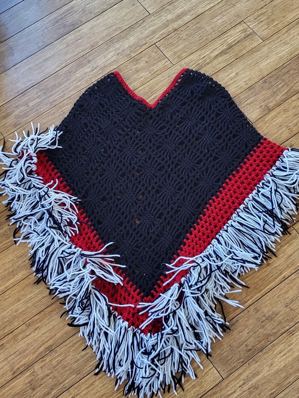 Hand Made Crocheted Poncho Red/Black White Fringe One Size